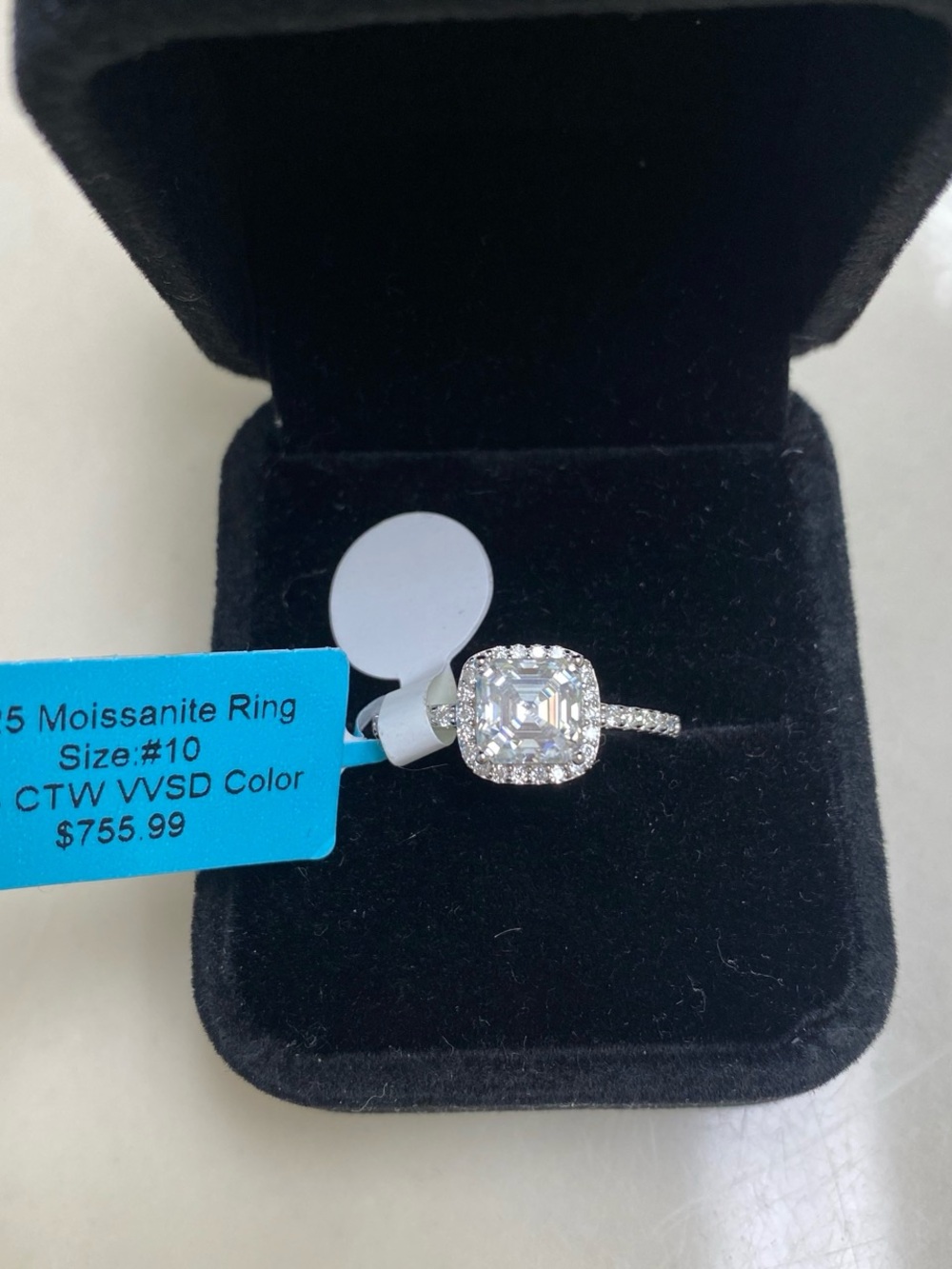 Asscher Cut Moissanite Halo Engagement Ring Size 10